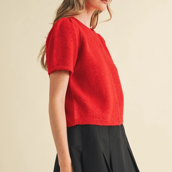 NWT Red Puff Sleeve  Cardigan Sweater - Picture 5 of 8